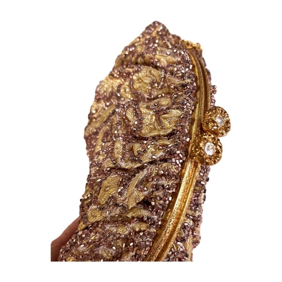 Walborg 1950's Vintage Gold Beaded Purse Evening Bag, Rhinestone Kiss Closure - Picture 4 of 9